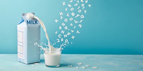 Milk carton pouring out alphabet letters instead of liquid — floating mid-air on a powder blue background