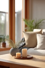 Calming home interior with soft textures, warm tones, and biophilic elements for relaxation