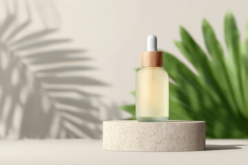 Centella Serum bottle with green gel on marble pedestal, shadows of leaves, modern k-beauty skincare, Selective Focus
