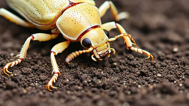 Close-up of a vibrant yellow beetle crawling on dark soil, showcasing intricate details and textures