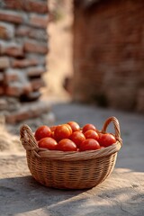 Localism seen in a basket: ripe tomatoes in alleyway basket symbolizing local trade and freshness, Localism, Selective Focus