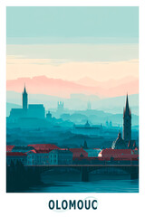 Olomouc Czech Republic illustrated poster in retro style. Vintage travel booklet, brochure, postcard, print, cover with skyline