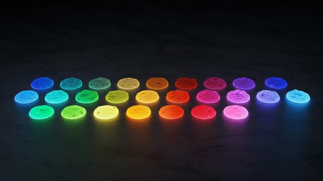 Colorful glowing coasters arranged in a dark setting