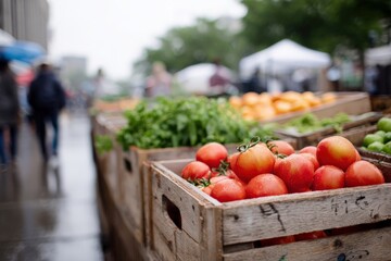 Localism at urban scale: fresh produce and tomatoes at busy street market in early morning, Localism, Selective Focus