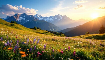 A breathtaking view of majestic mountains under the golden light of the sunrise, surrounded by vibrant wildflowers in a tranquil valley.