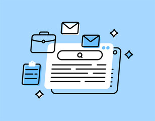 a job search concept. job vacancy information search service. recruitment and hiring. illustration of a webiste window with, briefcase, email, and clipboard symbols. flat style design with outline