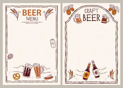 Craft beer menu set. Vector hand-drawn icons featuring beer mugs, a beer barrel, malt, and wheat. Perfect for bar menus, branding, packaging, and print projects