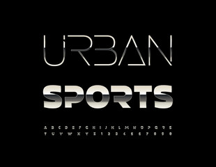 Vector Modern sign Urban Sports. Trendy Metallic Font. Futuristic Silver Alphabet Letters and Numbers set.