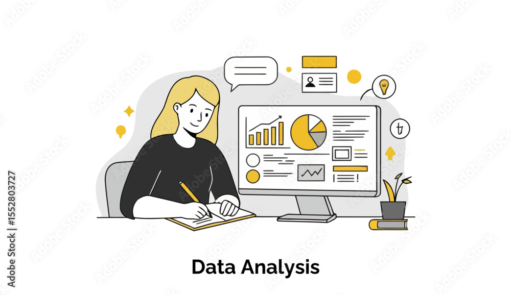 Poster female data analyst in a dark top, actively taking notes at a desk with computer display showing bus