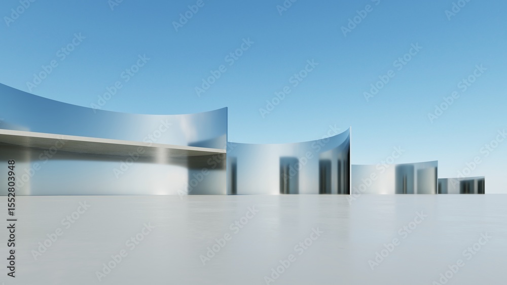 Poster 3d illustration of abstract wavy architecture background, minimal curved geometry architectural desi