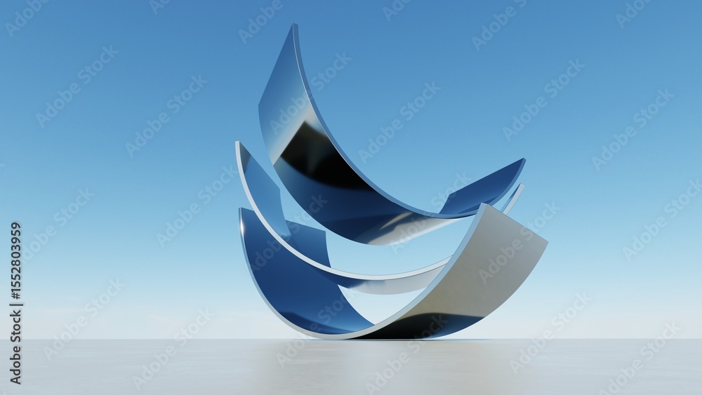 Aufkleber 3d illustration of abstract wavy architecture background, Minimal curved geometry architectural design, Car presentation backdrop with empty concrete floor, Flowing geometric metal building design