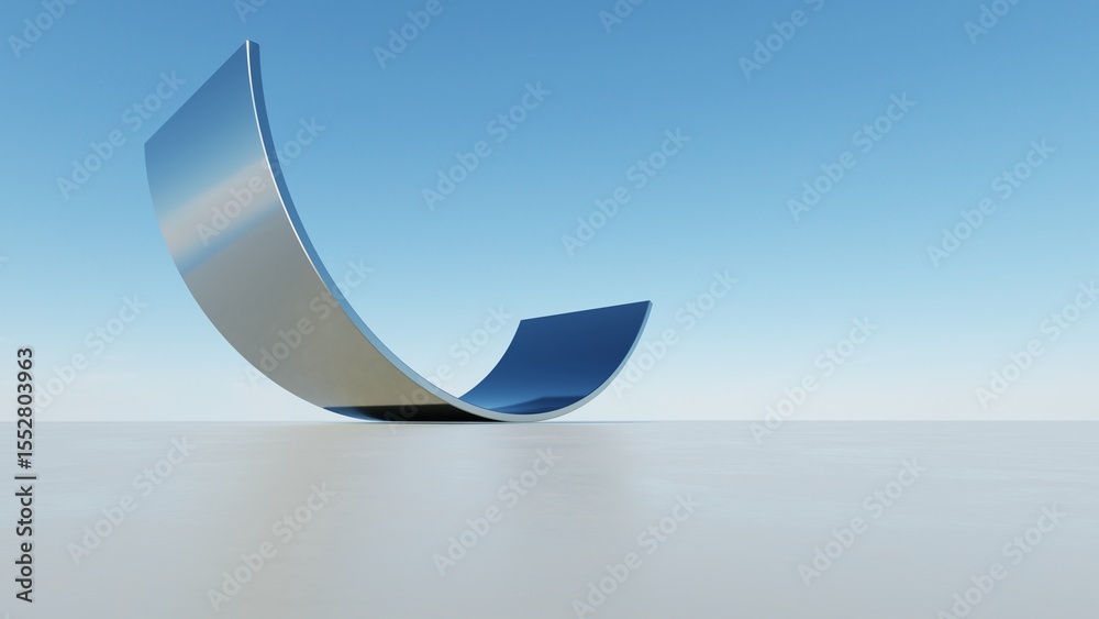 Poster 3d illustration of abstract wavy architecture background, Minimal curved geometry architectural design, Car presentation backdrop with empty concrete floor, Flowing geometric metal building design