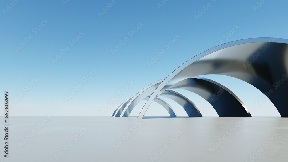 Poster 3d illustration of abstract wavy architecture background, minimal curved geometry architectural desi