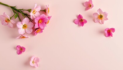 a collection of small pink flowers scattered across the frame against a light background. the flowers are in full bloom and appear to be petunias or cherry blossoms
