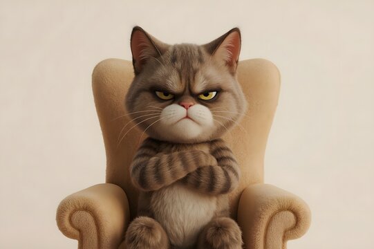 A grumpy cartoon cat sits in a small armchair