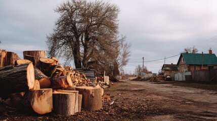 Fototapeta premium Firewood pile in front of houses in a village