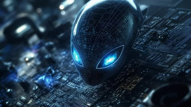 Futuristic alien head on circuit board background