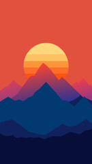 Vibrant sunset over layered mountain peaks in a minimalist style