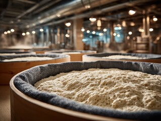 Sourdough fermentation process bakery workshop food photography industrial environment close-up view culinary art