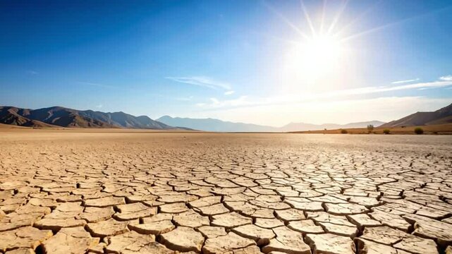 Desert landscape cracked earth, mountains background, sunny day, drought illustration
