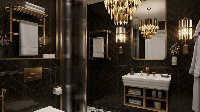 Elegant bathroom interior featuring black chevron tiles and gold accents with modern fixtures