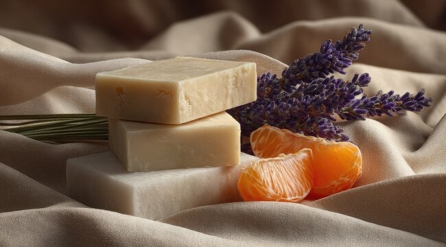 Two creamy-beige soap bars stacked atop a third, nestled on beige fabric with lavender sprigs and segmented mandarin orange sections