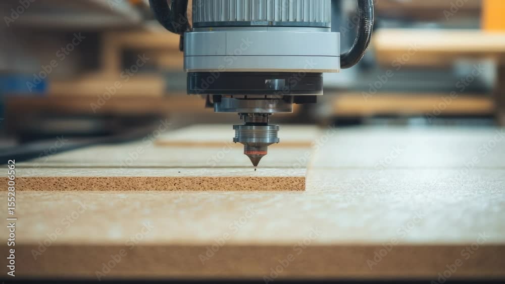 Poster a close-up shot of a machine cutting a piece of wood, possibly in a workshop or factory setting