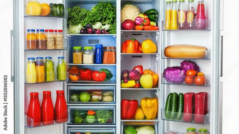 Poster refrigerator stocked with various food items, ideal for use in editorial and commercial contexts