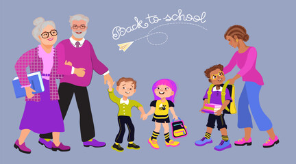 Back to school. Grandma and grandpa take their grandson and granddaughter to school. Mom adjusts her son's backpack. Family lifestyle. Happy schoolboys and schoolgirl. Flat style vector illustration