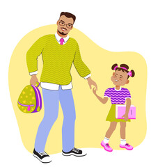 \Dad and daughter are holding hands and walking to school. Family scene, care, parenting. A loving father and his child strolling, talking, and smiling. Vector flat illustration.