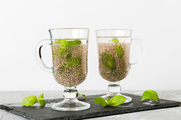 Healthy breakfast or morning with chia seeds and mint on table background, vegetarian food, diet...