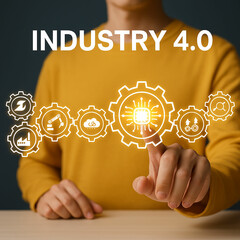 Person touching industry 4 0 concept with integrated digital technology icons