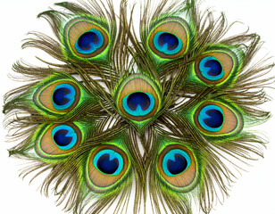 Obraz premium Peacock Feathers Vibrant Green and Blue Eye Feathers, Isolated on White Background