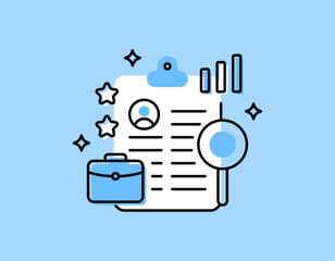 job search concept. recruitment and hiring. searching for job vacancy information. applying for a job. illustration of a Curriculum Vitae file symbol, magnifying glass, and briefcase. flat outline