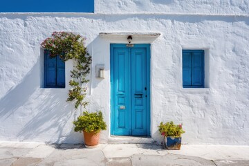 Sunny whitewashed building with vibrant blue double doors, matching shutters, and potted flowering plants flanking the entrance