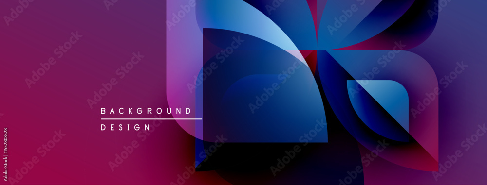 Poster Abstract geometric shapes overlap, creating vibrant purple, blue gradients. Modern design elements suggest dynamic composition, visual texture.