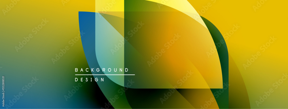 Poster abstract vibrant design. overlapping shapes create dynamic visual effect. yellow, green, blue hues b