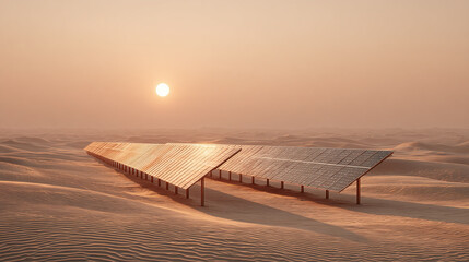Solar panel array in desert at sunset with warm light reflecting on surface, renewable energy concept with vast sandy landscape and clear sky creating calm atmosphere