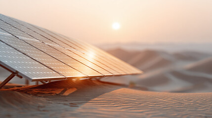 Solar panel array in desert landscape with warm sunlight reflecting on surface, showcasing renewable energy technology in vast sandy environment