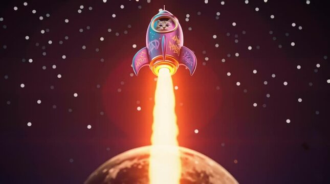 Whimsical animation of a cat in a rocket ship launching to the moon with graffiti art.