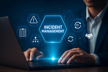 Obraz premium Business professional using laptop with incident management digital interface and icons