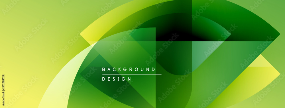 Poster Abstract geometric shapes blend, creating vibrant green, yellow gradients. Text reads background design within central form. Modern, dynamic visual.