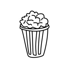 Hand-Drawn Popcorn Bucket with Overflowing Kernels, Black Outline Style
