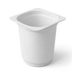 Clean white empty plastic yogurt container with a square rim on a white background