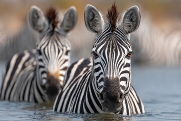 Naklejka premium Two zebras stand in shallow water, their distinctive stripes contrasting with the tranquil background during sunset
