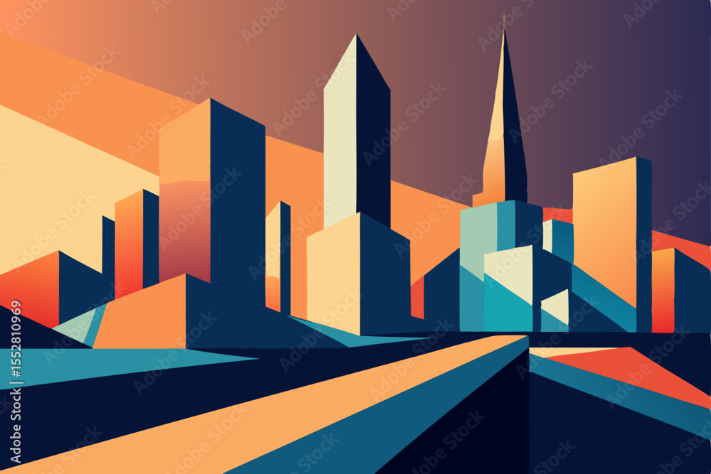 Fototapete geometric cityscape: a stylized city skyline is rendered in a vibrant palette of geometric shapes, c