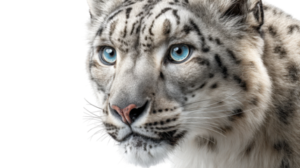 Close-up of a majestic snow leopard with striking blue eyes. transparent background