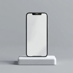 Sleek smartphone with blank screen on minimalist gray stand displaying modern design