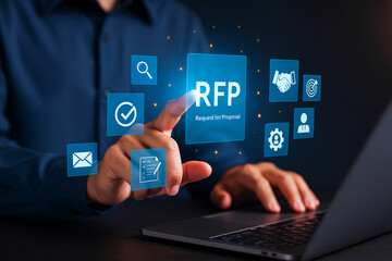 Businessman interacting with digital interface showing rfp request for proposal and business icons