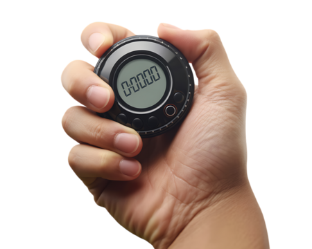 Black digital stopwatch in a hand isolated on transparent background